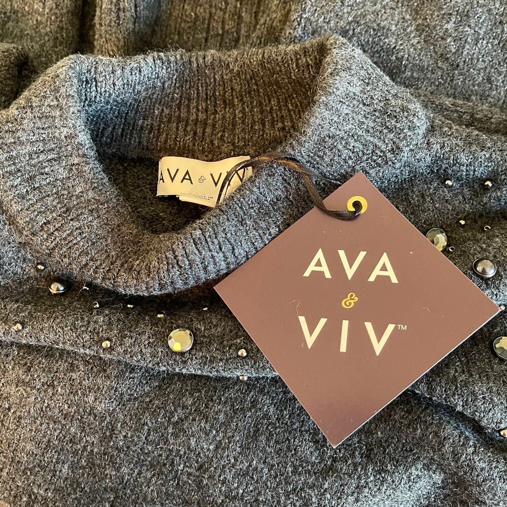Ava & Viv Dark Heather Pullover Sweater Front Beads Decorations Plus Size 14W - Picture 2 of 7